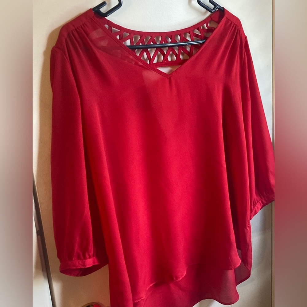 BCX by Macy's Red Blouse, V-Neck Front, Lattice & V-Neck Back, Size XL
